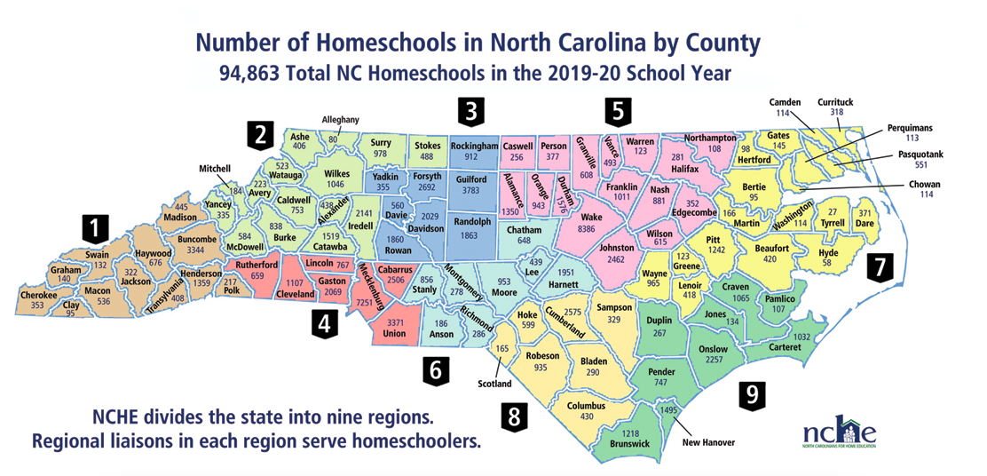 Number of homeschools in North Carolina by county