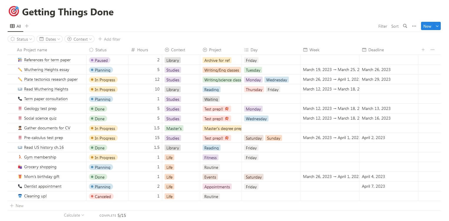 The screenshot shows a Notion template for the GTD method.